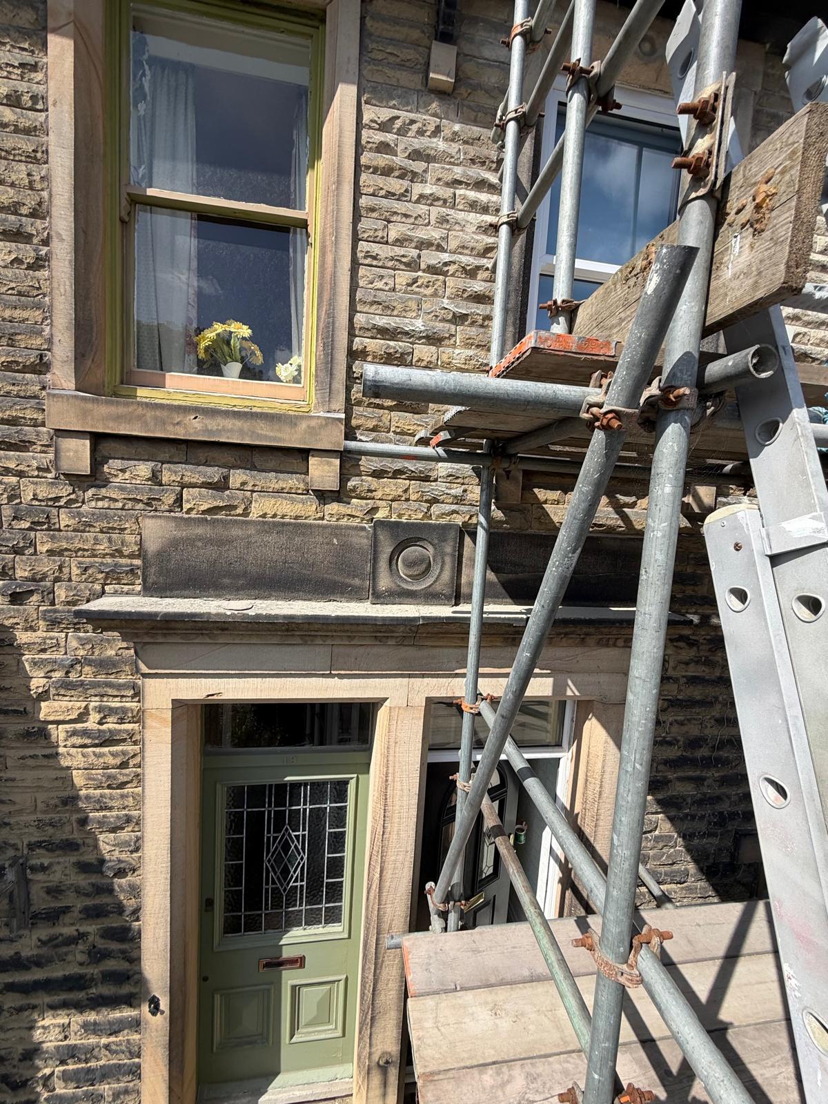 Stone terrace front with scaffold and access platform, Clitheroe