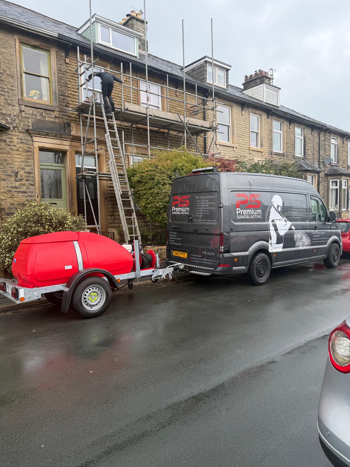 Premium Sandblasting van and equipment trailer on site in Clitheroe